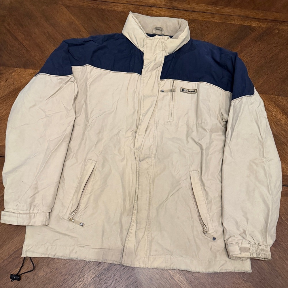 Chaps Mens Vintage Colorblock Windbreaker Jacket Beige Navy Blue Large